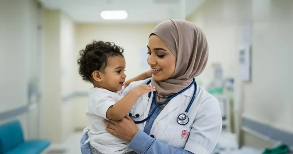 Female gynecologist holding a baby at Asif Memorial Healthcare Kupwara